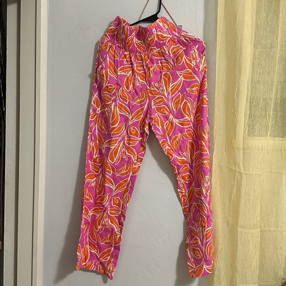 Sincerely Jules Pink and Orange Leaf Pattern Pants